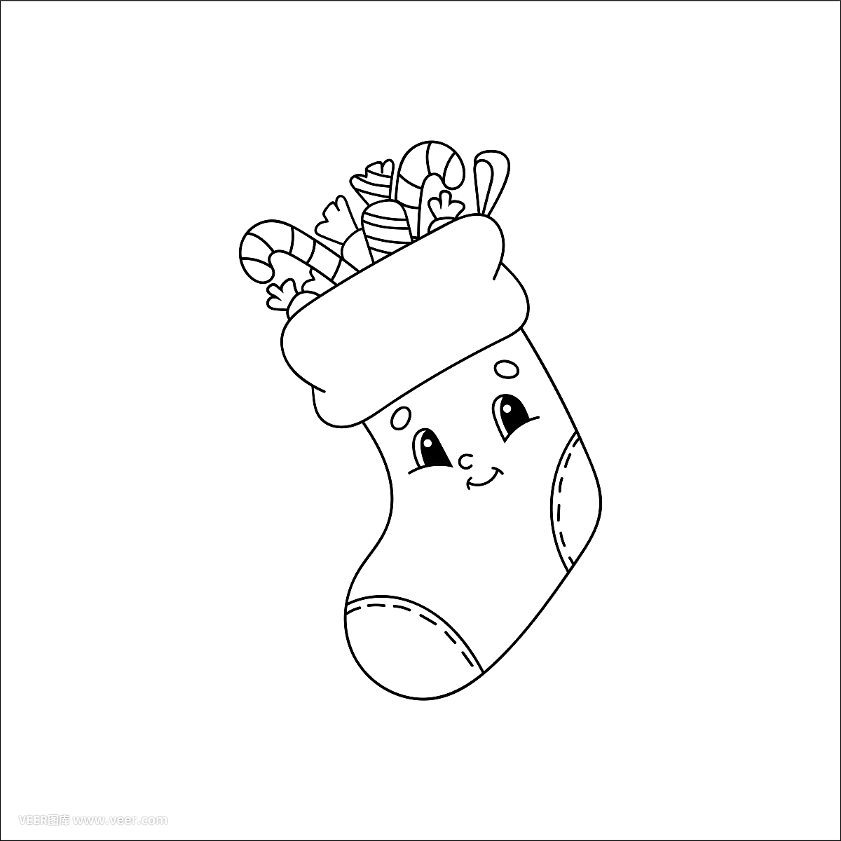 裝有禮物的圣誕襪。兒童涂色書。開朗的性格。矢量插圖。可愛的卡通風格。兒童幻想頁面。黑色的輪廓剪影。孤立在白色背景上。